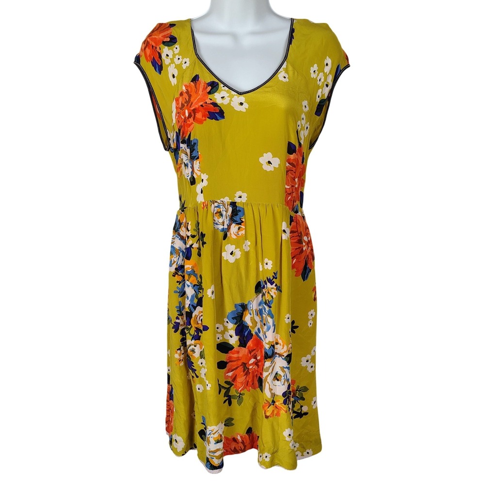 Moulinette Soeurs Anthropologie Silk Floral Dress Chartreuse Size 8 whimsical